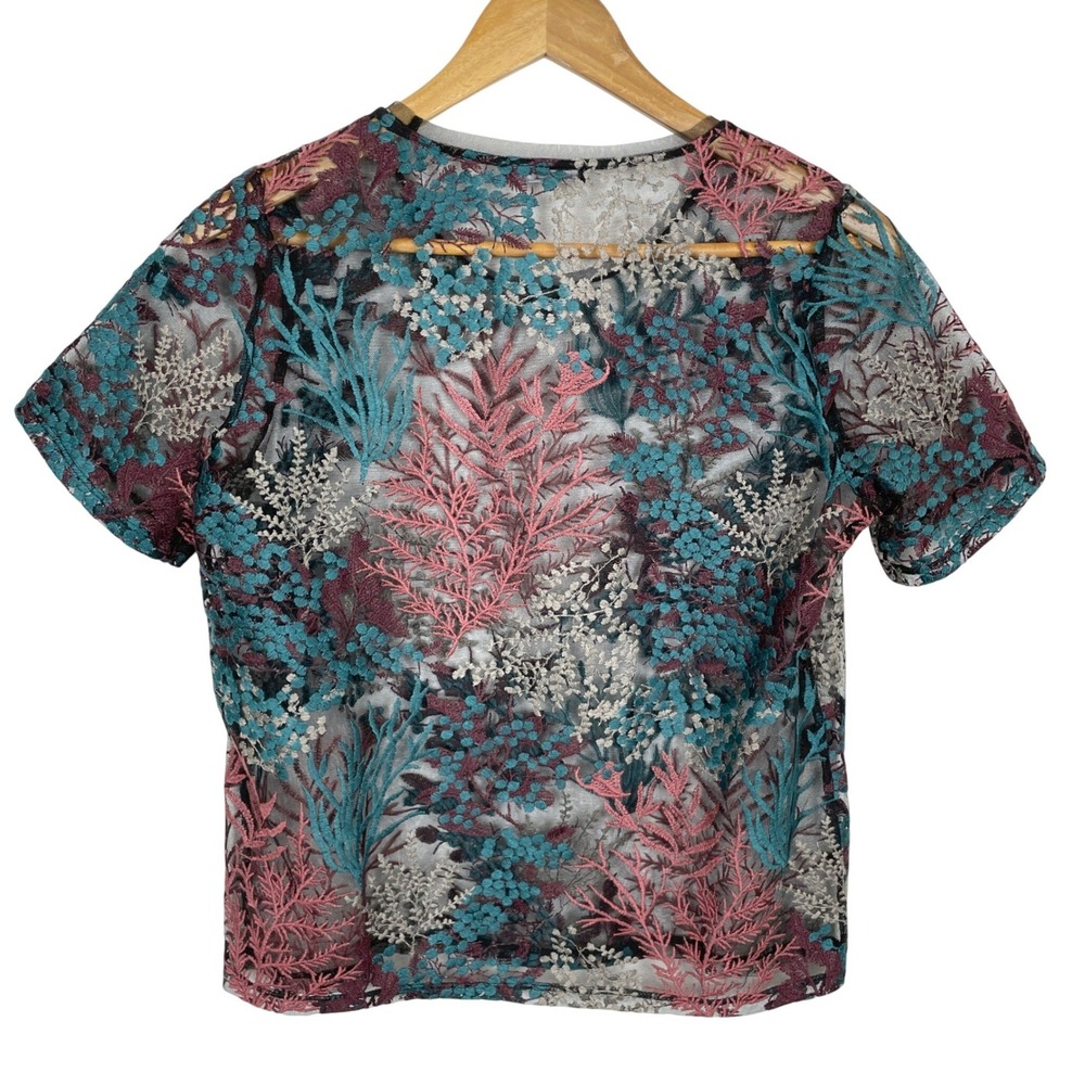 Zara Sheer Mesh Embroidered Botanical Print Top Womens M Modern Artsy Teal Pink - Picture 3 of 7